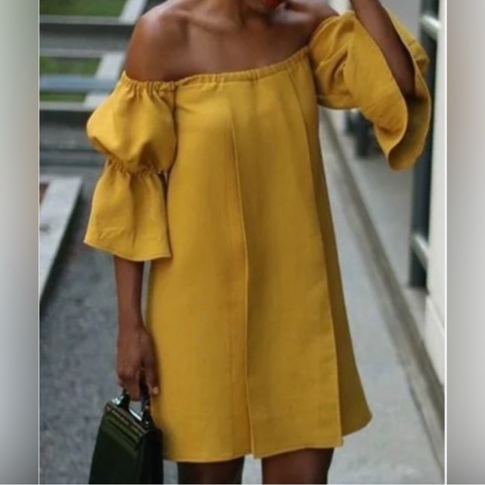 NWT Koandaily Elegant Mustard Off-Shoulder Dress Ruffle Sleeve Medium